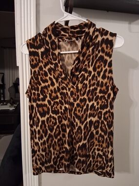 Anne Klein Leopard Print Sleeveless V-Neck Top - Brown/Black